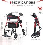 Metro Mobility 2 in 1 Rollator Walker & Transport Wheelchair, Foldable Lightweight Rollator Walker with Seat for Seniors, 8" Big Wheels for All Terrain, 300 lb. Weight Capacity, Red