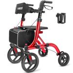 Rollator Walkers for Seniors, 10" Big Rubber Wheels All Terrain Rollator Walker with Adjustable Backrest and Handles, 350 Lbs, Cup Cane Holder, Foldable Lightweight Walker with Seat for Seniors Red
