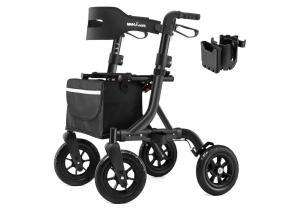 MAXWALK Foldable Rollator Walker Seat 10" Rubber Wheels All Terrain Senior Black