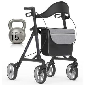 Vive Mobility Carbon Fiber Rollator with Seat - Lightweight Walker for Seniors - Stand Up Folding Mobility Aid - Durable, Foldable & Height Adjustable 4-Wheel Walker - Armrest & Storage Bag Accessory