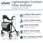 Vive Mobility Carbon Fiber Rollator with Seat - Lightweight Walker for Seniors - Stand Up Folding Mobility Aid - Durable, Foldable & Height Adjustable 4-Wheel Walker - Armrest & Storage Bag Accessory