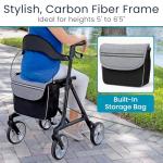 Vive Mobility Carbon Fiber Rollator with Seat - Lightweight Walker for Seniors - Stand Up Folding Mobility Aid - Durable, Foldable & Height Adjustable 4-Wheel Walker - Armrest & Storage Bag Accessory