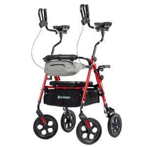 ELENKER All Terrain Upright Rollator Walker with Seat, Foldable Stand Up Walkers for Seniors with Armrest, Front Pouch, 10” Wheels, Fully Adjustment Frame, Red