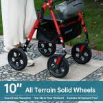 ELENKER All Terrain Upright Rollator Walker with Seat, Foldable Stand Up Walkers for Seniors with Armrest, Front Pouch, 10” Wheels, Fully Adjustment Frame, Red