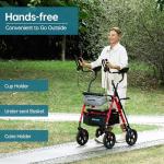 ELENKER All Terrain Upright Rollator Walker with Seat, Foldable Stand Up Walkers for Seniors with Armrest, Front Pouch, 10” Wheels, Fully Adjustment Frame, Red