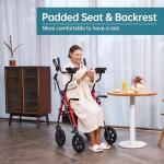 ELENKER All Terrain Upright Rollator Walker with Seat, Foldable Stand Up Walkers for Seniors with Armrest, Front Pouch, 10” Wheels, Fully Adjustment Frame, Red