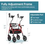ELENKER All Terrain Upright Rollator Walker with Seat, Foldable Stand Up Walkers for Seniors with Armrest, Front Pouch, 10” Wheels, Fully Adjustment Frame, Red