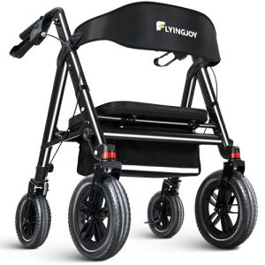 FlyingJoy Rollator Walker with Seat,12" Front Wheels 10" Rear Rolling Walker, Extra-Wide Heavy-Duty Rollator Walker with Seat and Brakes for Seniors and Adults Bariatric with Large Aluminum (Black)