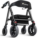 FlyingJoy Rollator Walker with Seat,12" Front Wheels 10" Rear Rolling Walker, Extra-Wide Heavy-Duty Rollator Walker with Seat and Brakes for Seniors and Adults Bariatric with Large Aluminum (Black)