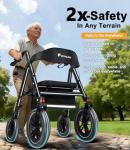 FlyingJoy Rollator Walker with Seat,12" Front Wheels 10" Rear Rolling Walker, Extra-Wide Heavy-Duty Rollator Walker with Seat and Brakes for Seniors and Adults Bariatric with Large Aluminum (Black)