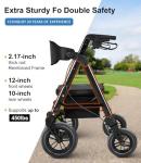 FlyingJoy Rollator Walker with Seat,12" Front Wheels 10" Rear Rolling Walker, Extra-Wide Heavy-Duty Rollator Walker with Seat and Brakes for Seniors and Adults Bariatric with Large Aluminum (Black)