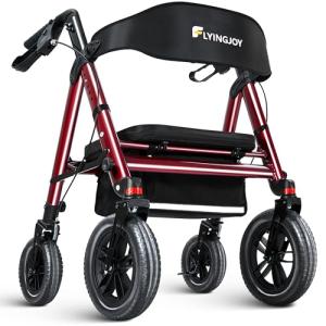 FlyingJoy Rollator Walker with Seat,12" Front Wheels 10" Rear Rolling Walker, Extra-Wide Heavy-Duty Rollator Walker with Seat and Brakes for Seniors and Adults Bariatric with Large Aluminum (Red)