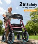 FlyingJoy Rollator Walker with Seat,12" Front Wheels 10" Rear Rolling Walker, Extra-Wide Heavy-Duty Rollator Walker with Seat and Brakes for Seniors and Adults Bariatric with Large Aluminum (Red)