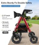 FlyingJoy Rollator Walker with Seat,12" Front Wheels 10" Rear Rolling Walker, Extra-Wide Heavy-Duty Rollator Walker with Seat and Brakes for Seniors and Adults Bariatric with Large Aluminum (Red)