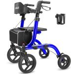 Foldable Rollator Walkers With Seat For Seniors, 10" Big Rubber Wheels All Terrain Rollator Walker With Adjustable Backrest And Handles, 350 Lb, Cup Holder, Lightweight 4 Wheel Walker For Seniors Blue
