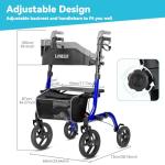 Foldable Rollator Walkers With Seat For Seniors, 10" Big Rubber Wheels All Terrain Rollator Walker With Adjustable Backrest And Handles, 350 Lb, Cup Holder, Lightweight 4 Wheel Walker For Seniors Blue