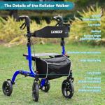 Foldable Rollator Walkers With Seat For Seniors, 10" Big Rubber Wheels All Terrain Rollator Walker With Adjustable Backrest And Handles, 350 Lb, Cup Holder, Lightweight 4 Wheel Walker For Seniors Blue
