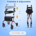 Walker with Seat for Seniors, Folding Lightweight Rollator Walker with Dual Brakes for Safety, 8" Big Wheels for All Terrain, Adjustable Height and 300 lbs Capacity