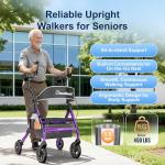 BlessReach Heavy Duty Upright Rollator Walker for Seniors, 450lb Capacity, 6 Height Adjustments, 8" All-Terrain Wheels, Padded Seat & Backrest, Easy Assembly, Foldable Design (Purple)
