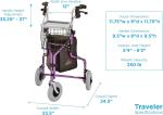 NOVA Traveler 3-Wheel Rollator Walker, All Terrain 8” Wheels PURPLE - OPEN BOX