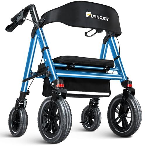 FlyingJoy Rollator Walker with Seat,12" Front Wheels 10" Rear Rolling Walker, Extra-Wide Heavy-Duty Rollator Walker with Seat and Brakes for Seniors and Adults Bariatric with Large Aluminum (Blue)