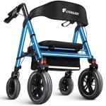 FlyingJoy Rollator Walker with Seat,12" Front Wheels 10" Rear Rolling Walker, Extra-Wide Heavy-Duty Rollator Walker with Seat and Brakes for Seniors and Adults Bariatric with Large Aluminum (Blue)
