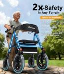 FlyingJoy Rollator Walker with Seat,12" Front Wheels 10" Rear Rolling Walker, Extra-Wide Heavy-Duty Rollator Walker with Seat and Brakes for Seniors and Adults Bariatric with Large Aluminum (Blue)