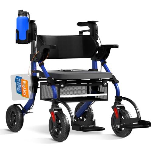 BigAlex Rollator Walkers for Seniors with Wider Seat,Walker Wheelchair Combo,2 in 1 Rollator Walker, Transport Wheelchair for Adults,Rolling Walker with All-Terrain Wheels,400 LBS Weight Capacity,Blue