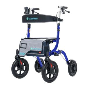 ELENKER All-Terrain Rollator Walker with Seat, Outdoor Rolling Walker, 12” Non-Pneumatic Tire Front Wheels, Compact Folding Design for Seniors, Blue