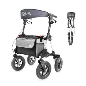 KMINA Heavy-Duty Rollator Walker with Seat (Sturdy Frame), All Terrain Large 10" Pneumatic Tires, Height Adjustable, Foldable with Basket