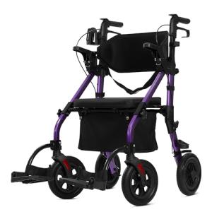 ELENKER All Terrain Rollator Walker Transport Wheelchair Combo, 2 in 1 Rolling Walker with Padded Seat and Wide Backrest, Purple
