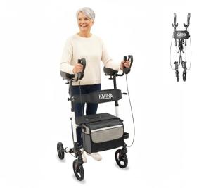 KMINA Upright Walker with Seat, Heavy Duty Stand Up Rollator, Forearm Walker with Padded Armrest, Foldable, Adjustable Height, Walking Assist, Up to 300 lb