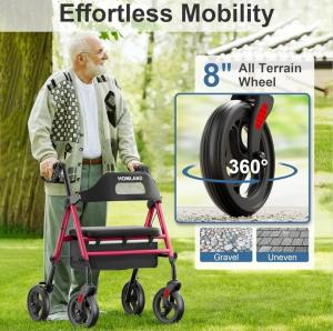 Carbon Steel Rollator Walker w/Extra Wide Seat Heavy Duty Compact All-Terrain 