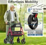 Carbon Steel Rollator Walker w/Extra Wide Seat Heavy Duty Compact All-Terrain 