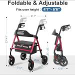 Carbon Steel Rollator Walker w/Extra Wide Seat Heavy Duty Compact All-Terrain 