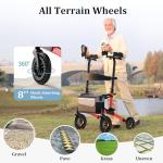 Nihhcune Upright Rollator Walker for Seniors, All-Terrain Stand Up Walker with Padded Seat & Backrest, Heavy Duty Compact Folding Rolling Walker with Big Wheels and Adjustable Armrests, 300lb Capacity