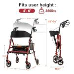 Becivy Premium Hybrid Lightweight Foldable Rollator Walkers with Seat for Seniors, 350 lbs Capacity, 5-Position Adjustable Height, Aluminum and Carbon Steel,Red