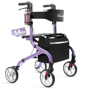 PLANET WALK Super Lightweight Rollator Walker for Seniors, Foldable Rolling Walker with Seat and 8" Rubber Wheels for All Terrain, Upgraded Height Adjustment Button with Cup Holder, Purple
