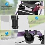 PLANET WALK Super Lightweight Rollator Walker for Seniors, Foldable Rolling Walker with Seat and 8" Rubber Wheels for All Terrain, Upgraded Height Adjustment Button with Cup Holder, Purple