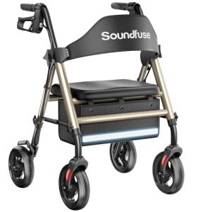 Soundfuse Rollator Walkers with Seat for Seniors, Foldable 8" Big Wheels All Terrain Rolling Walker, Handles and Ergonomic Seat Height Adjustable, 350 lb