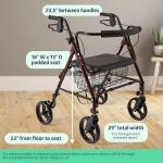 Medline Large Extra Wide Aluminum Bariatric Rollator Walker with Seat, Burgundy, 400 lb. Weight Capacity, Foldable, Under Seat Storage, 8" Wheels, Padded Backrest, Rolling Walker For Seniors & Adults