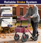 HOMLAND Foldable Rollator Walkers for Seniors with Seat, 10" All-Terrain Wheels & Curb Climber, 16.4 lb Lightweight Walker with Lockable Brakes, 300 lbs Capacity, Burgundy