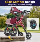 HOMLAND Foldable Rollator Walkers for Seniors with Seat, 10" All-Terrain Wheels & Curb Climber, 16.4 lb Lightweight Walker with Lockable Brakes, 300 lbs Capacity, Burgundy