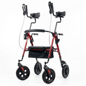 ELENKER All-Terrain Upright Rollator Walker, Stand Up Rolling Walker with 10’’Big PU Wheels and Adjustable Padded Armrests for Seniors from 4’8”to 6'4”, Red