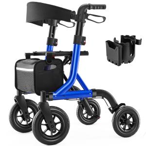 All-Terrain Rollator Walker 10" Rubber Wheels Foldable Walker w/ Padded Seat cup