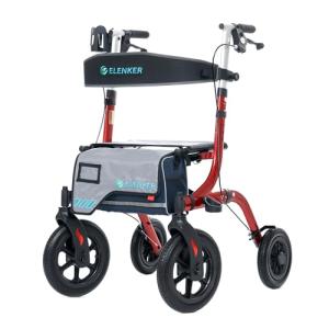 ELENKER All-Terrain Rollator Walker with Seat, Outdoor Rolling Walker, 12” Non-Pneumatic Tire Front Wheels, Compact Folding Design for Seniors, Red