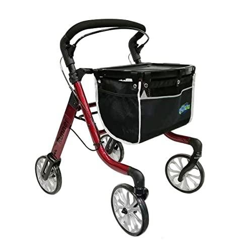 HEALTHLINE Rollator Walker for Seniors - Lightweight 4 Wheel Eldery Walker Heavy Duty - Rollator Walkers for Seniors with Basket & Tray - Narrow Doors Indoor Rollator Red Color