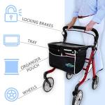 HEALTHLINE Rollator Walker for Seniors - Lightweight 4 Wheel Eldery Walker Heavy Duty - Rollator Walkers for Seniors with Basket & Tray - Narrow Doors Indoor Rollator Red Color