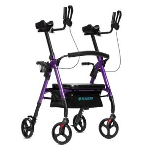 ELENKER Heavy Duty Upright Rollator Walker with Extra Wide Padded Seat and Backrest, Bariatric Stand Up Rolling Walker, Fully Adjustment Frame for Seniors, Puprle