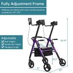 ELENKER Heavy Duty Upright Rollator Walker with Extra Wide Padded Seat and Backrest, Bariatric Stand Up Rolling Walker, Fully Adjustment Frame for Seniors, Puprle